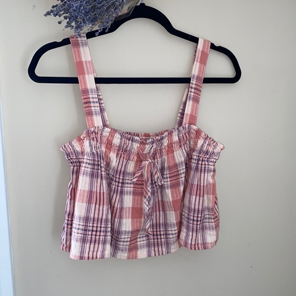 American Eagle crop top plaid small tank shirt smocked stretch‎ soft preppy NEW - Picture 2 of 6
